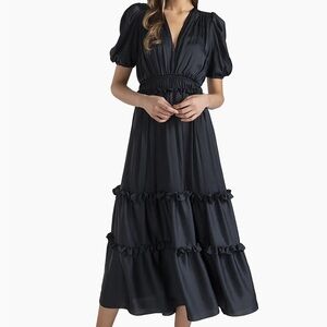 Shoshanna Marcela Ruffled Tiered Dress - Black Midi Dress with Puff Sleeves